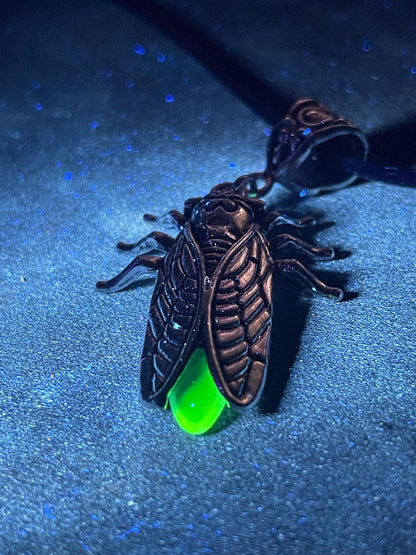 Uranium Glass Firefly Necklace | Fluorescent Yellow Vaseline Glass Pendant | Glows Under UV Light | Luminous Cicada Bug Jewelry
