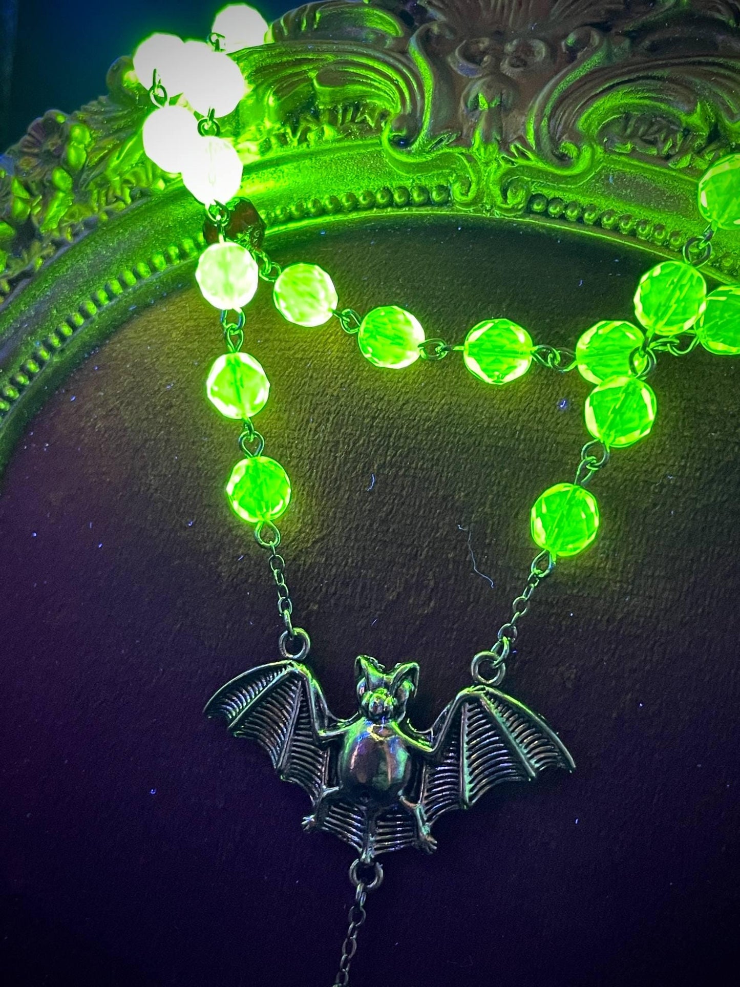 Vampire Rosary from (Uranium Glass) | Gothic Crimson Blood Necklace | It Glows Under UV Light | The Halloween Cross in Yellow Vaseline Glass