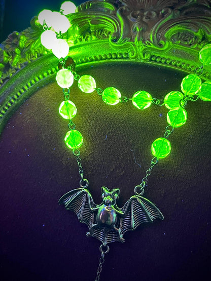 Vampire Rosary from (Uranium Glass) | Gothic Crimson Blood Necklace | It Glows Under UV Light | The Halloween Cross in Yellow Vaseline Glass