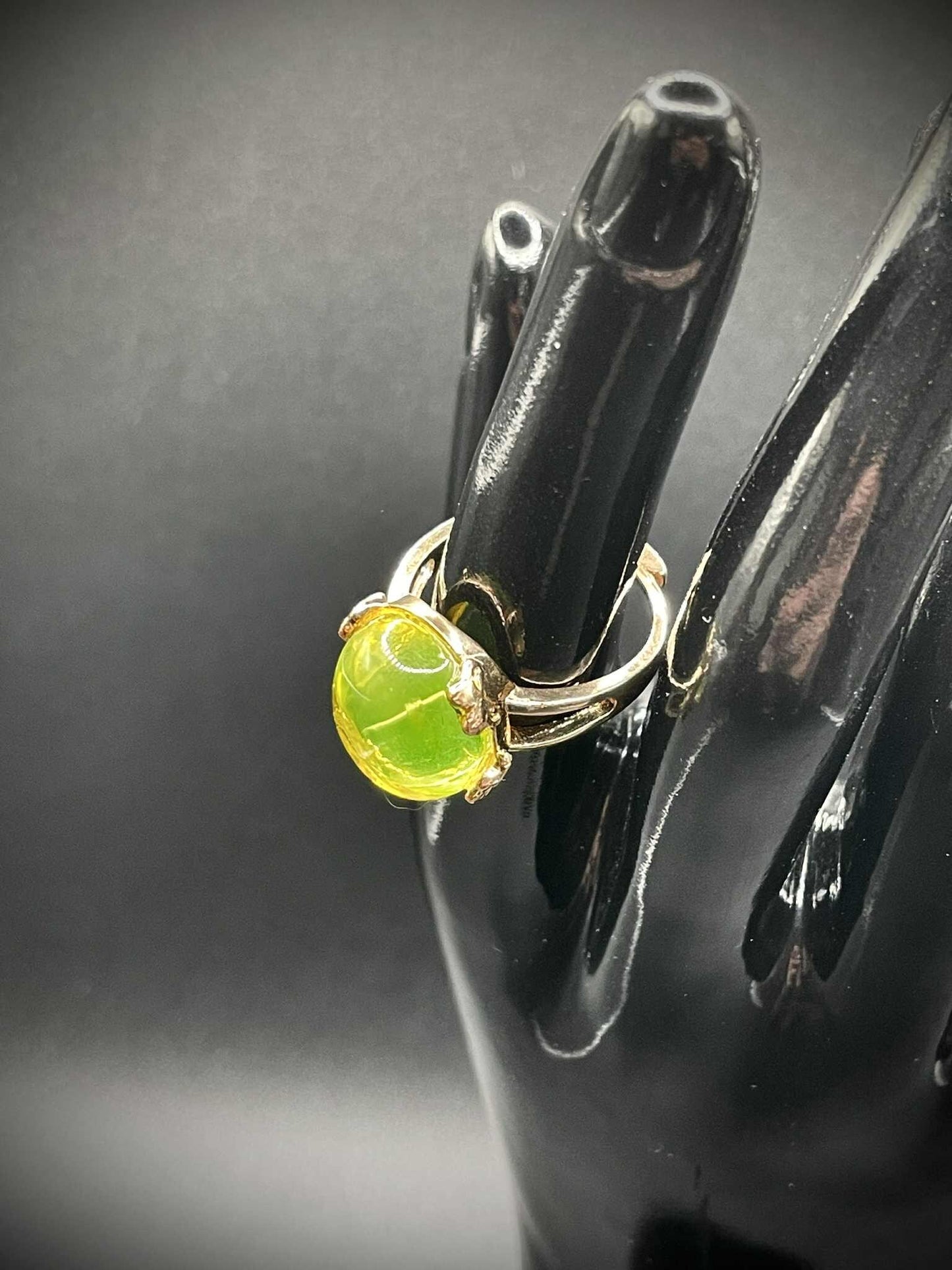 Uranium Glass Gold Ring (Adjustable Size) | Yellow Vaseline Oval Gemstone Jewelry | Glows Green Under UV Light | Magic Luminous Stone