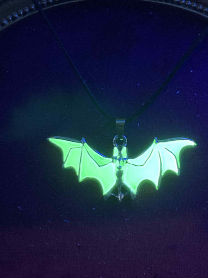 Glowing Bat Necklace | Fluorescent Batman Pendant | Glows In The Dark | Green Phosphorescent Halloween Luminous Jewelry