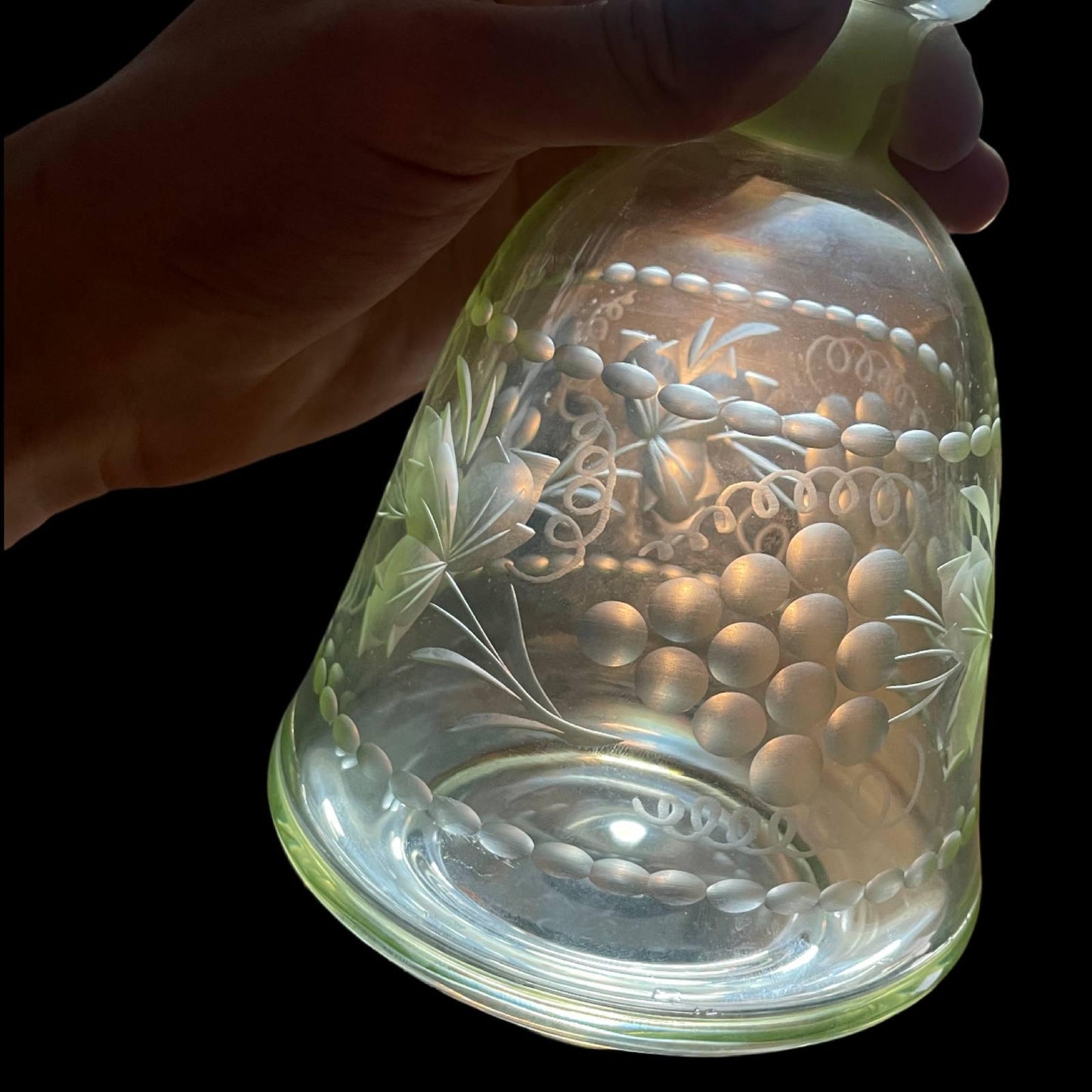 Uranium Glass Wine Decanter/Carafe | Vaseline Glass Bottle with Etched Grapes & Leaves | Glows Under UV Light | Bohemian 1930s Art Deco