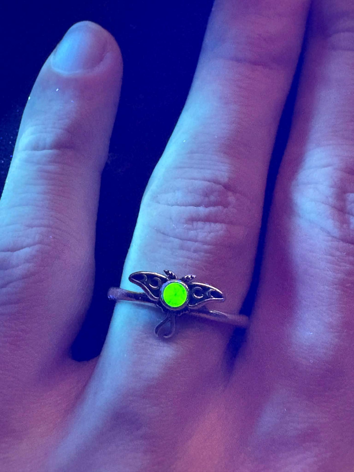 Uranium Glass Faceted Luna (Moth) Ring | Green Vaseline Bug Jewelry | It Glows Under UV Light | Sterling Silver 925 Metal | Luminous Insect