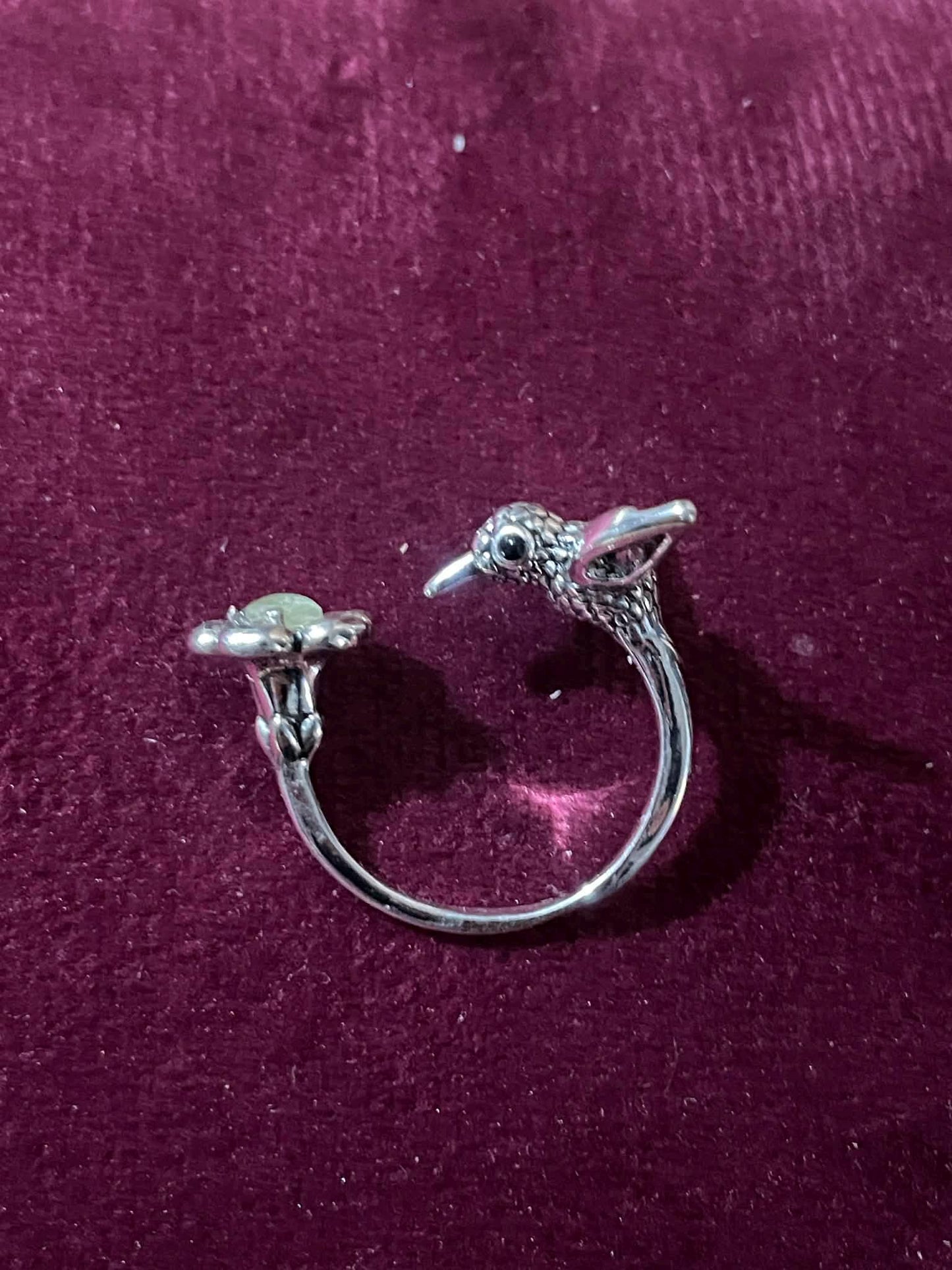 Uranium Glass (Hummingbird ) Ring With a Tiny Flower  | Adjustable Size | Glows Under UV Light | Handcrafted Vaseline Glass Jewelry