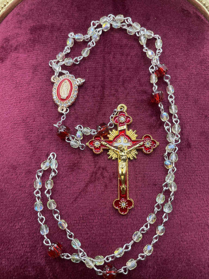 Glowing Uranium Glass Rosary | Small Catholic Crucifix Necklace | Made of 6 Colourful Cathedral Beads & 53 (4mm) FirePolished Vaseline Beads