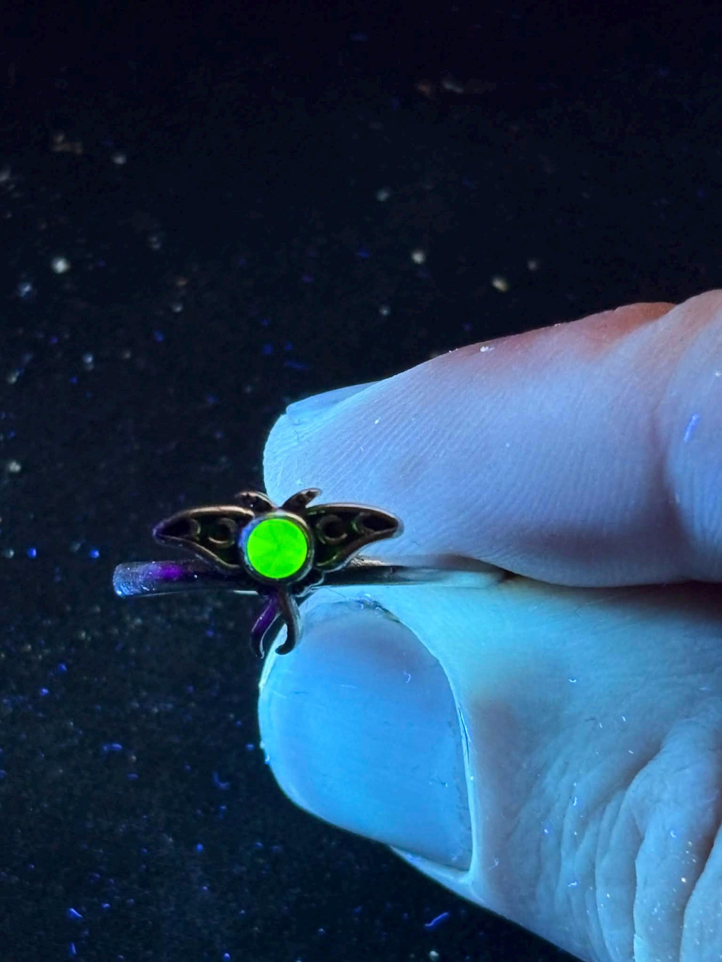 Uranium Glass Faceted Luna (Moth) Ring | Green Vaseline Bug Jewelry | It Glows Under UV Light | Sterling Silver 925 Metal | Luminous Insect