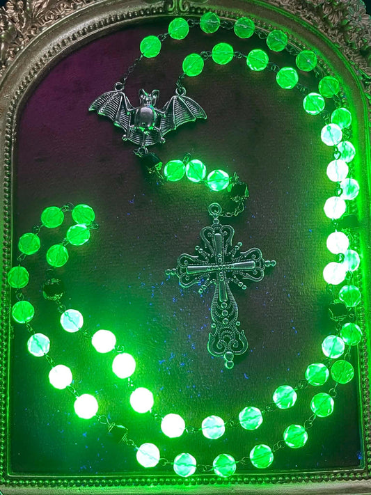 Uranium Glass Gothic Rosary | Dark Religious Green Vaseline Necklace | It Glows Under UV Light | Catholic Crucifix Pendant Made of 59 Beads