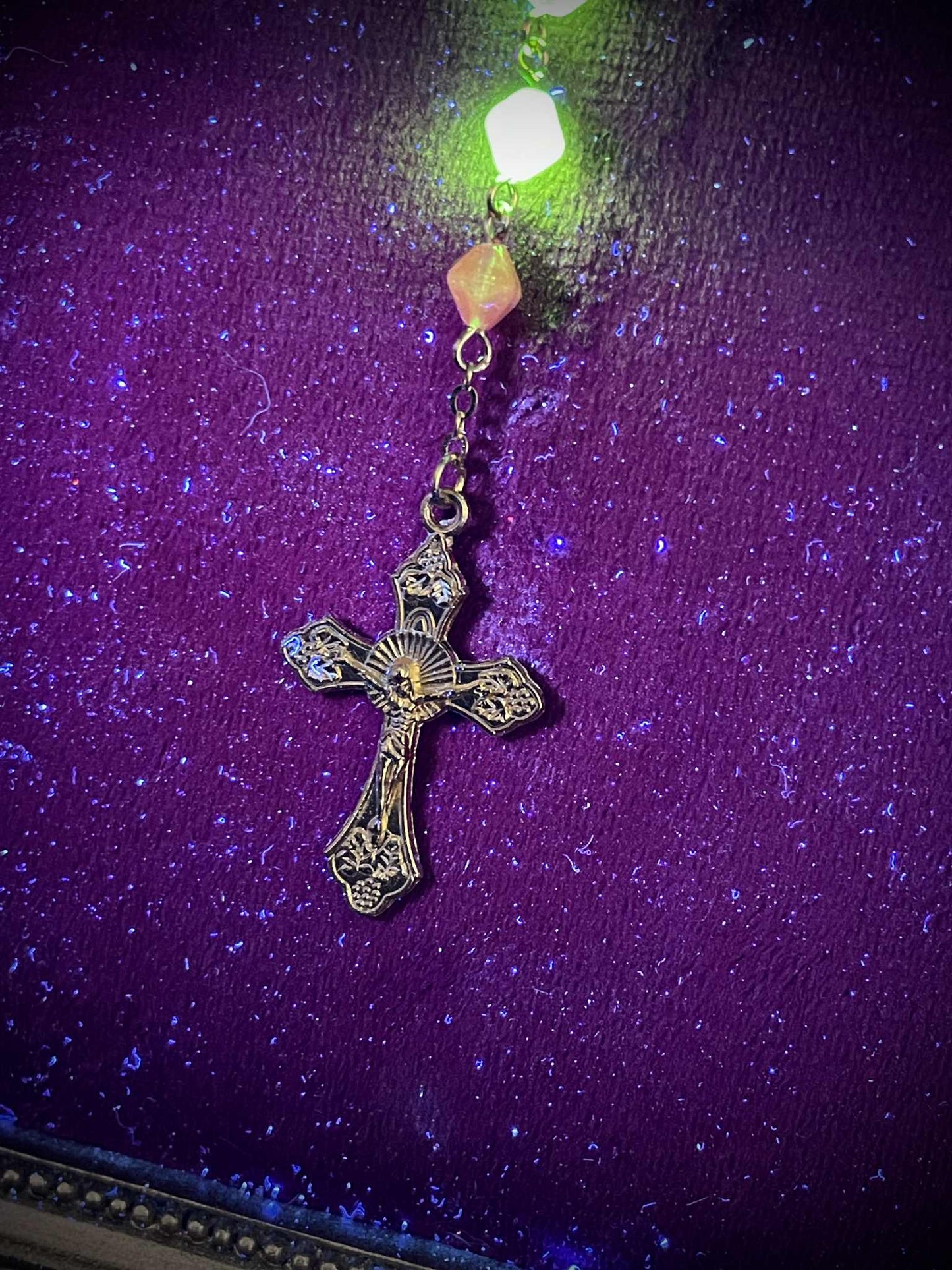 Uranium Glass (Salmon Color) Rosary | Octahedron Religious Necklace of Green Vaseline | It Glows Under UV Light | 59 Beads Gold Crucifix