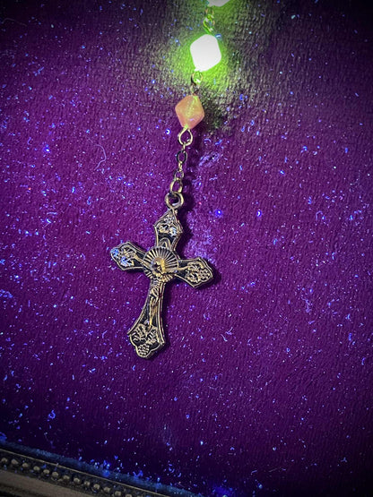 Uranium Glass (Salmon Color) Rosary | Octahedron Religious Necklace of Green Vaseline | It Glows Under UV Light | 59 Beads Gold Crucifix