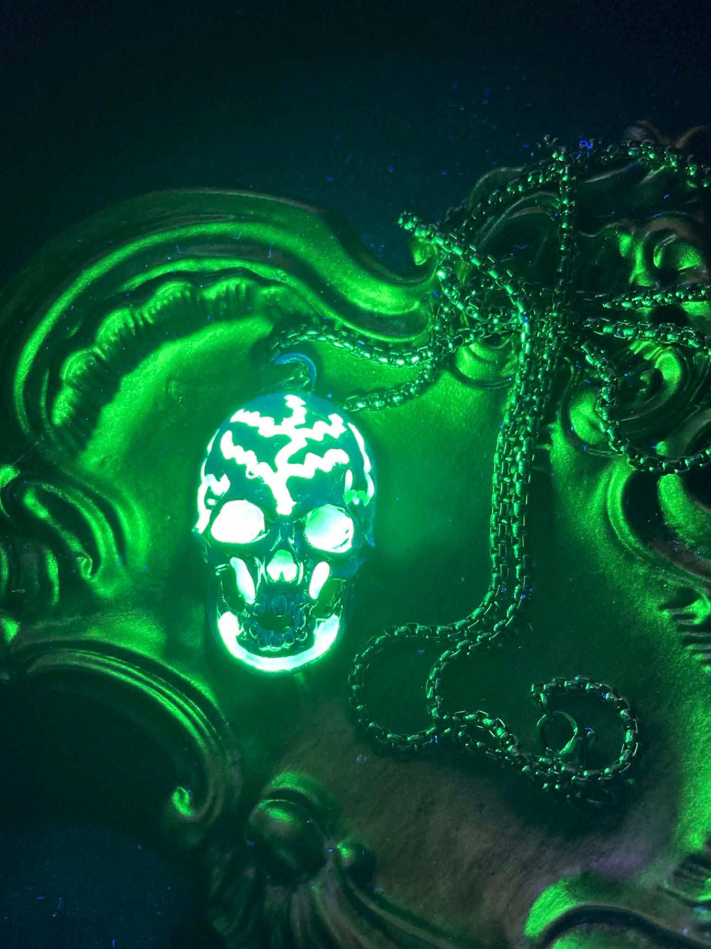 Glowing Skull Necklace | Fluorescent Skeleton Pendant | Glows In The Dark | Green Phosphorescent Halloween Luminous Jewelry With Chain