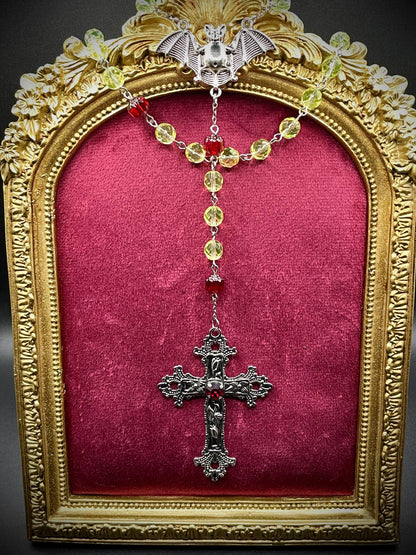 Vampire Rosary from (Uranium Glass) | Gothic Crimson Blood Necklace | It Glows Under UV Light | The Halloween Cross in Yellow Vaseline Glass