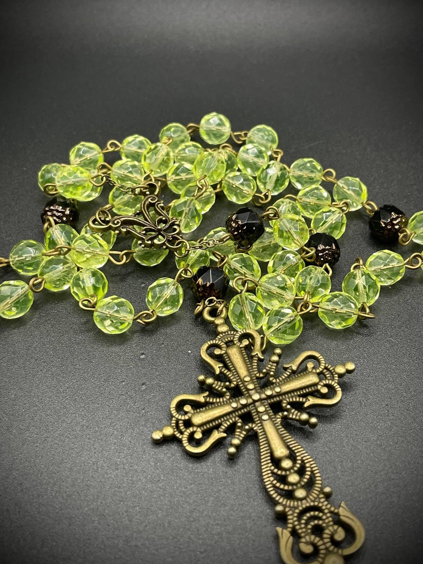 Uranium Glass Gothic Rosary | Dark Religious Green Vaseline Necklace | It Glows Under UV Light | Catholic Crucifix Pendant Made of 59 Beads