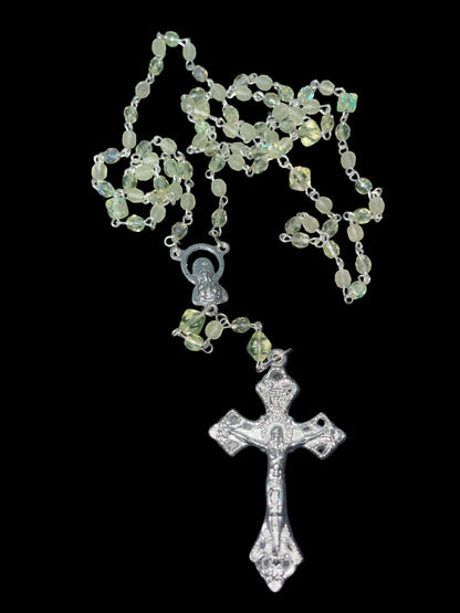 Uranium Glass Rosary with Jesus Crucifix & Virgin Mary Centerpiece | Pope’s Catholic Silver Necklace | Glows Under UV light | Prayer Jewelry