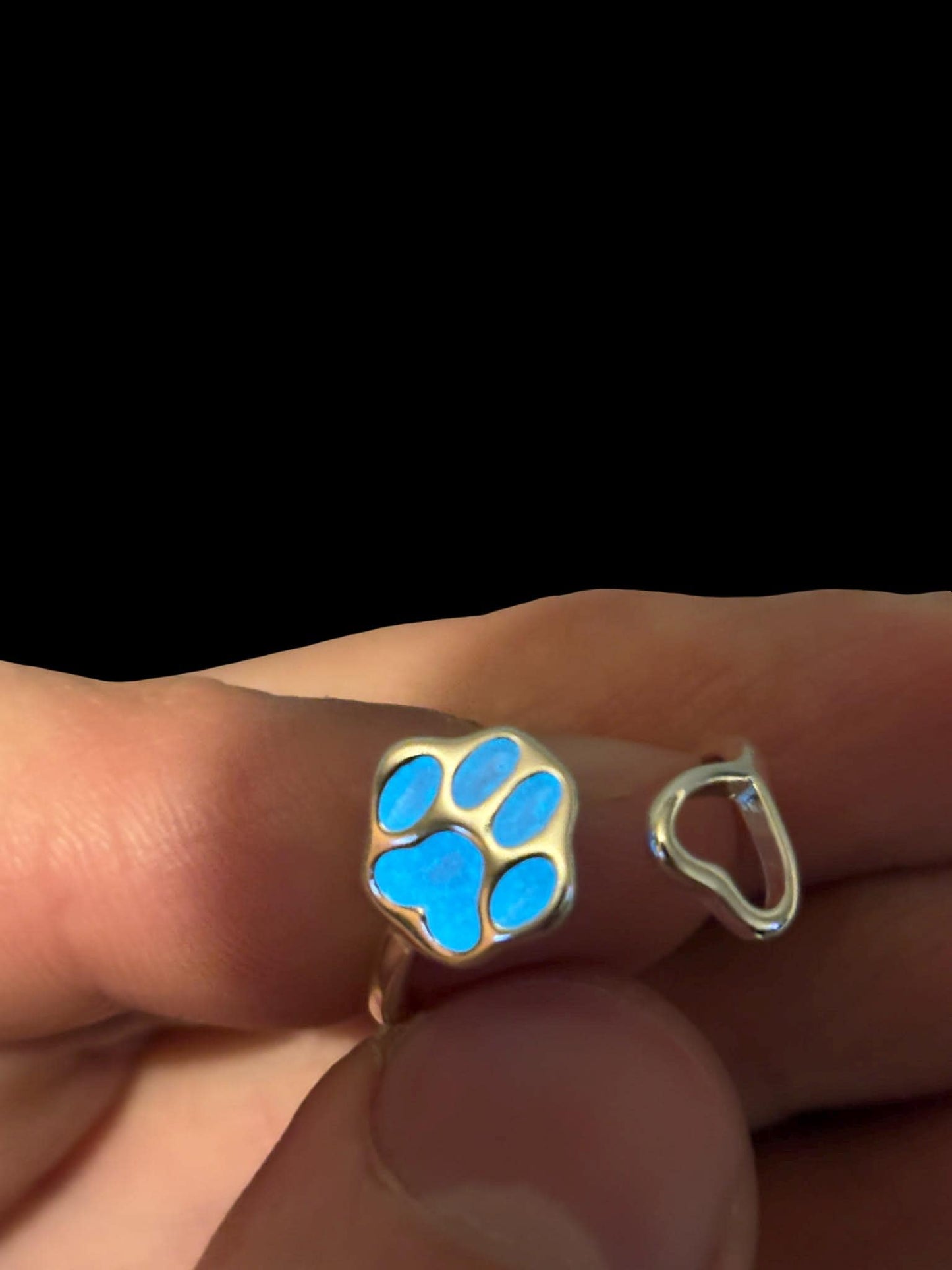 Glowing Turquoise Cat/Dog Paw Ring | Glows In The Dark | Metallic Frame With Little Heart | Adjustable Resizable Luminous Pet Lover Jewelry