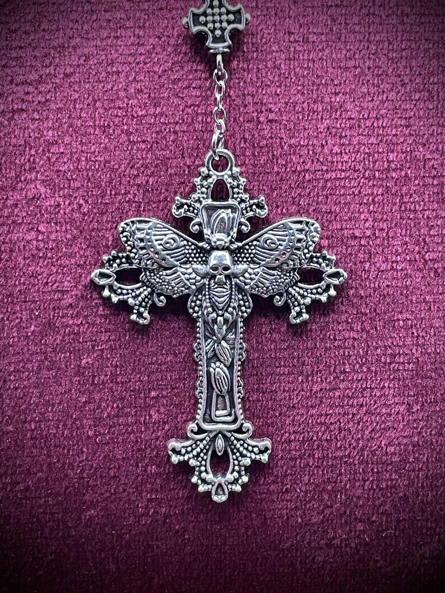 Uranium Glass (Moth) Rosary Necklace | Death's-head Hawk-moth Made of Yellow Vaseline Glass | It Glows Under UV Light | 59 Beads Crucifix