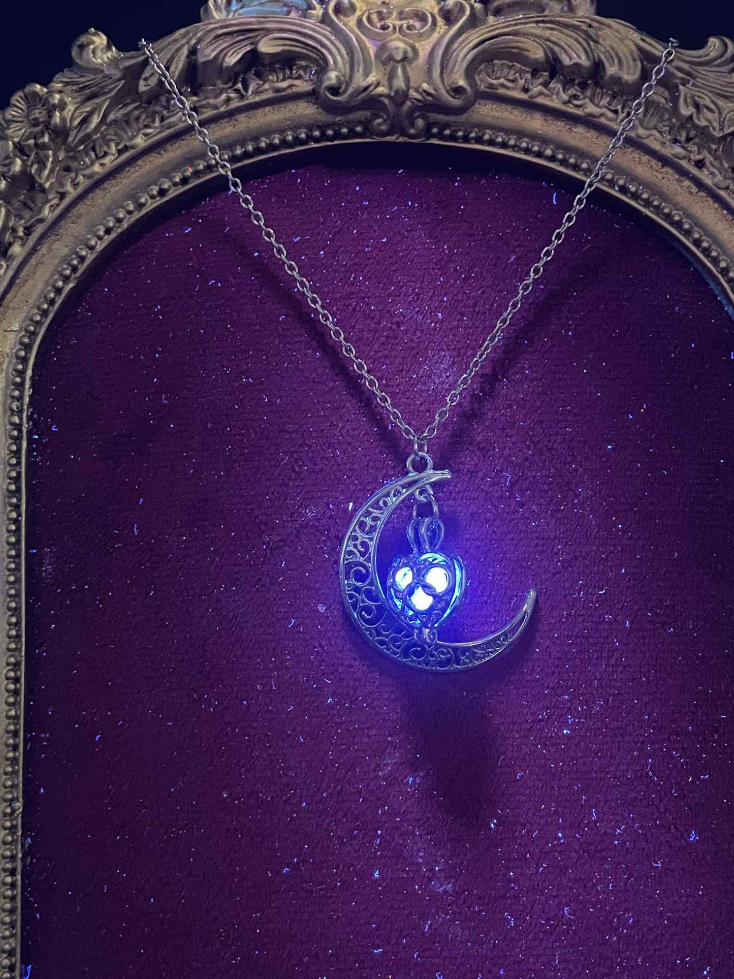Glowing Heart-Shaped Silver Locket with Silver Half-Moon | Glows Bright Purple In The Dark | Metal Chain Spiritual Jewelry