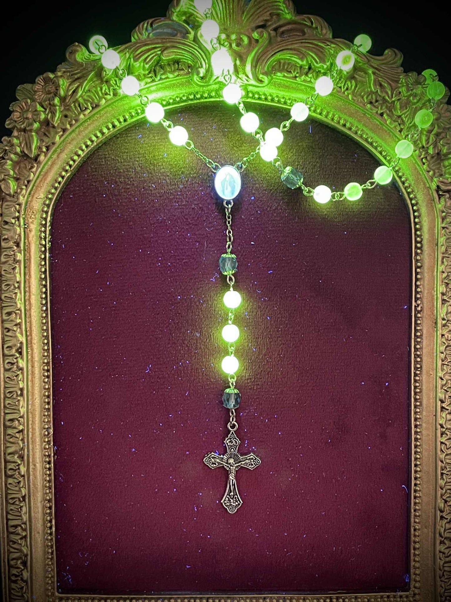 Silver-Blue (Uranium Glass) Rosary | Catholic Necklace From Yellow Vaseline Glass | Glowing Under UV Light | With Centerpiece of Saint Mary
