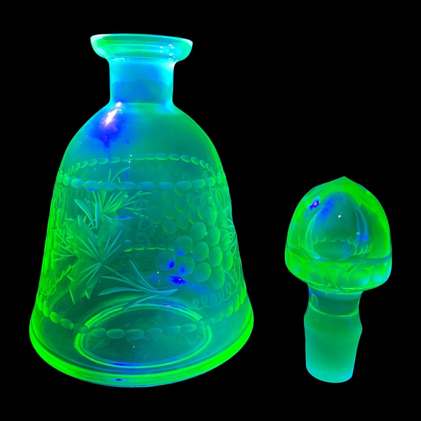 Uranium Glass Wine Decanter/Carafe | Vaseline Glass Bottle with Etched Grapes & Leaves | Glows Under UV Light | Bohemian 1930s Art Deco