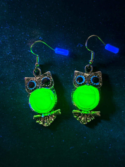 Uranium Glass (Owl) Earrings | UV Glow-In-The-Dark Jewelry | Yellow Vaseline Glass | Includes One Pair
