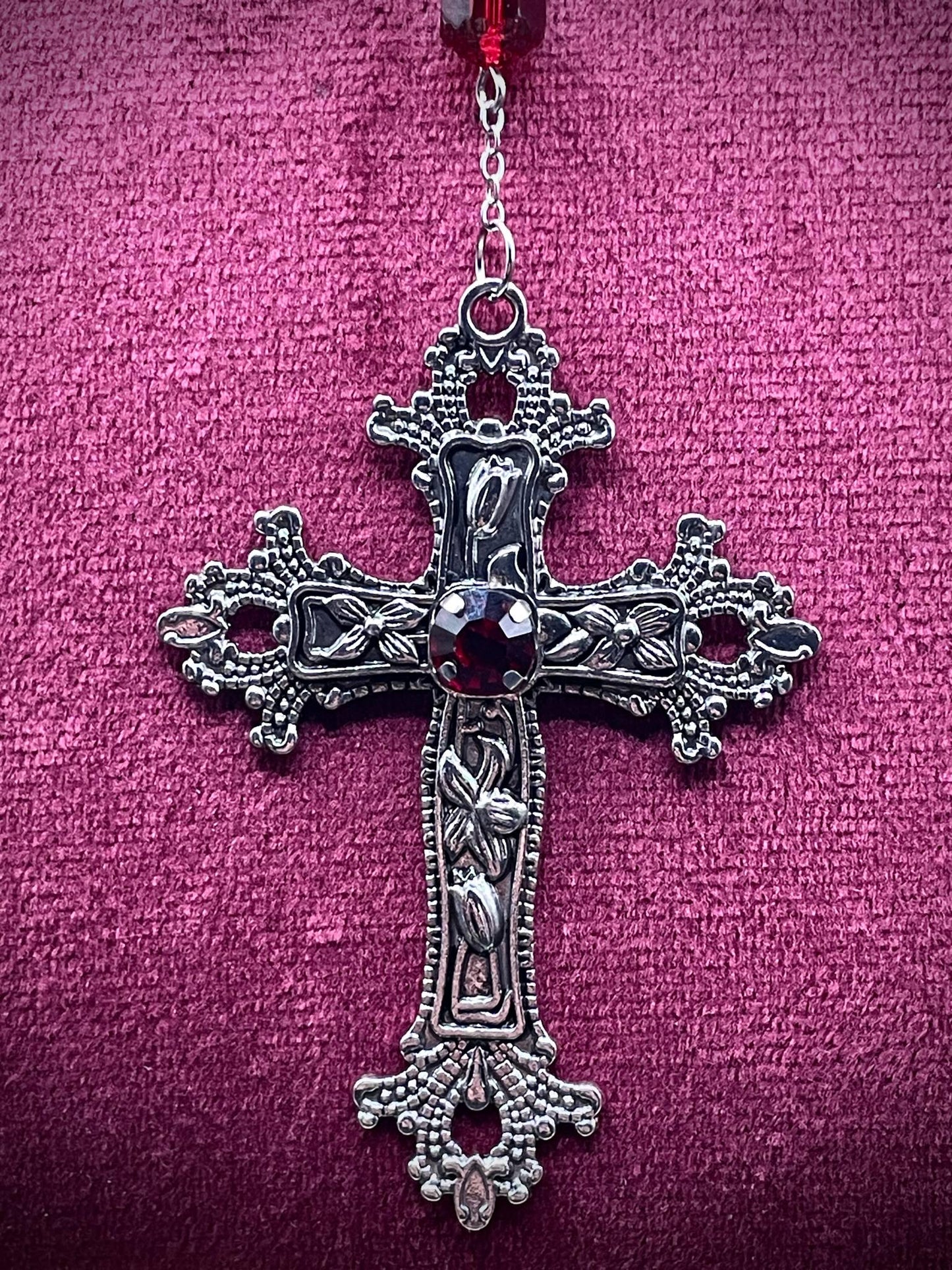 Vampire Rosary from (Uranium Glass) | Gothic Crimson Blood Necklace | It Glows Under UV Light | The Halloween Cross in Yellow Vaseline Glass