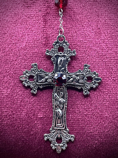 Vampire Rosary from (Uranium Glass) | Gothic Crimson Blood Necklace | It Glows Under UV Light | The Halloween Cross in Yellow Vaseline Glass