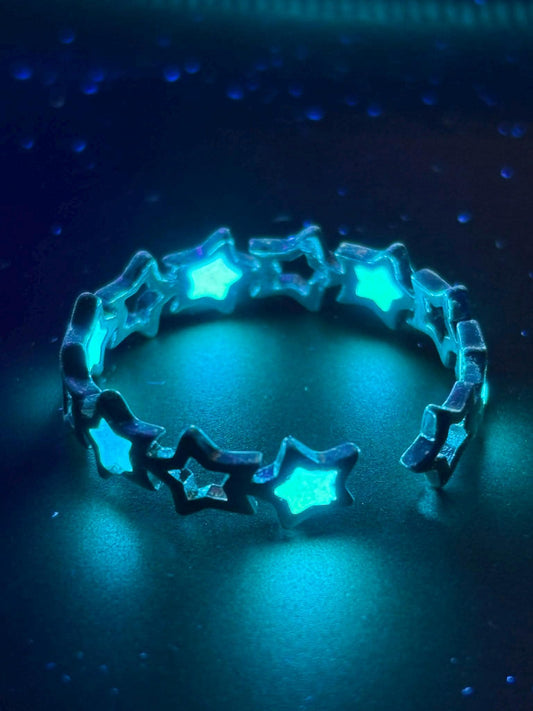 Glowing Turquoise "Star Ring" | It Glows In The Dark | Metallic Frame With Hollow Stellar Object | Adjustable Luminous Galaxy Jewelry