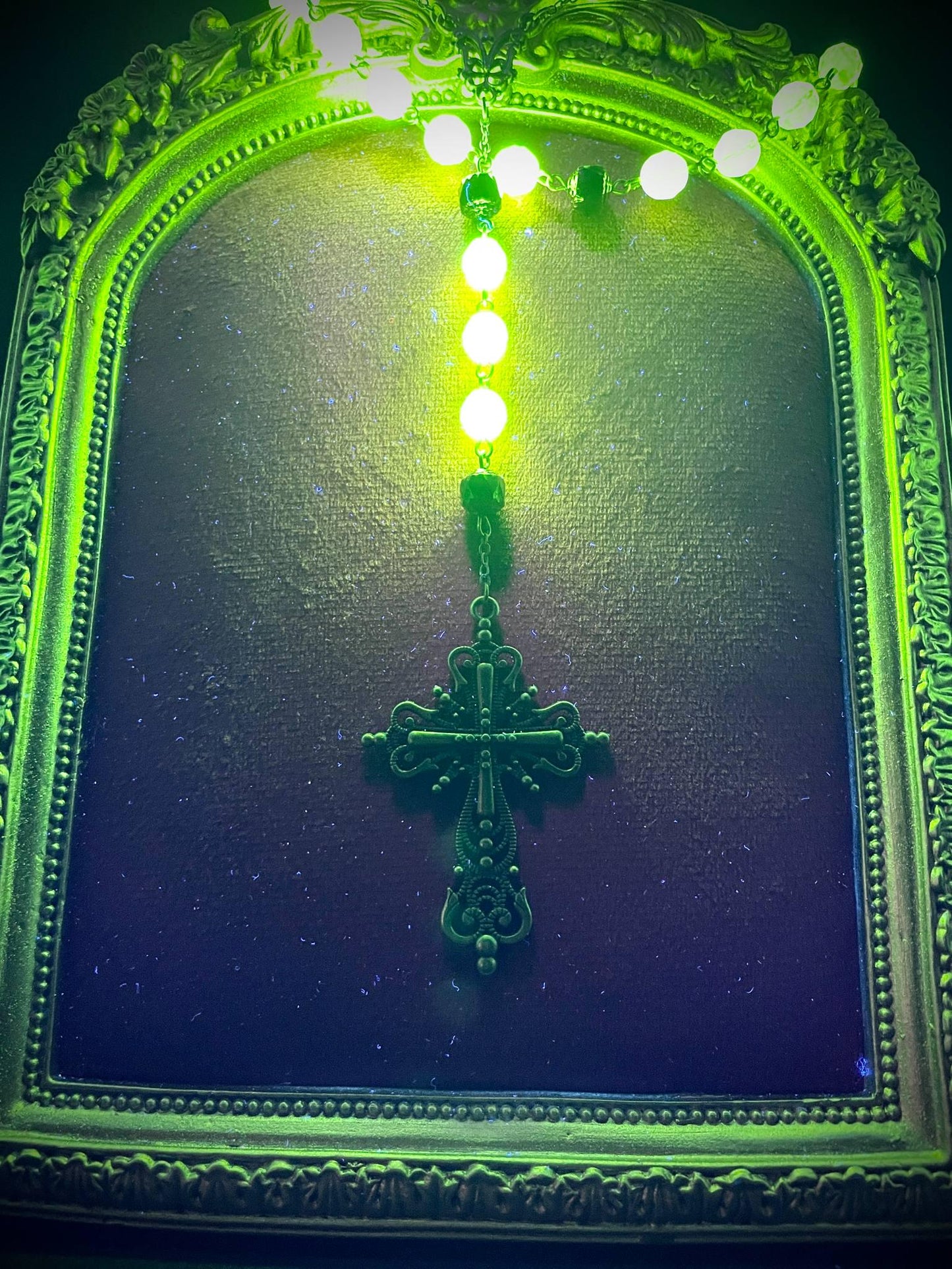 Uranium Glass Gothic Rosary | Dark Religious Green Vaseline Necklace | It Glows Under UV Light | Catholic Crucifix Pendant Made of 59 Beads