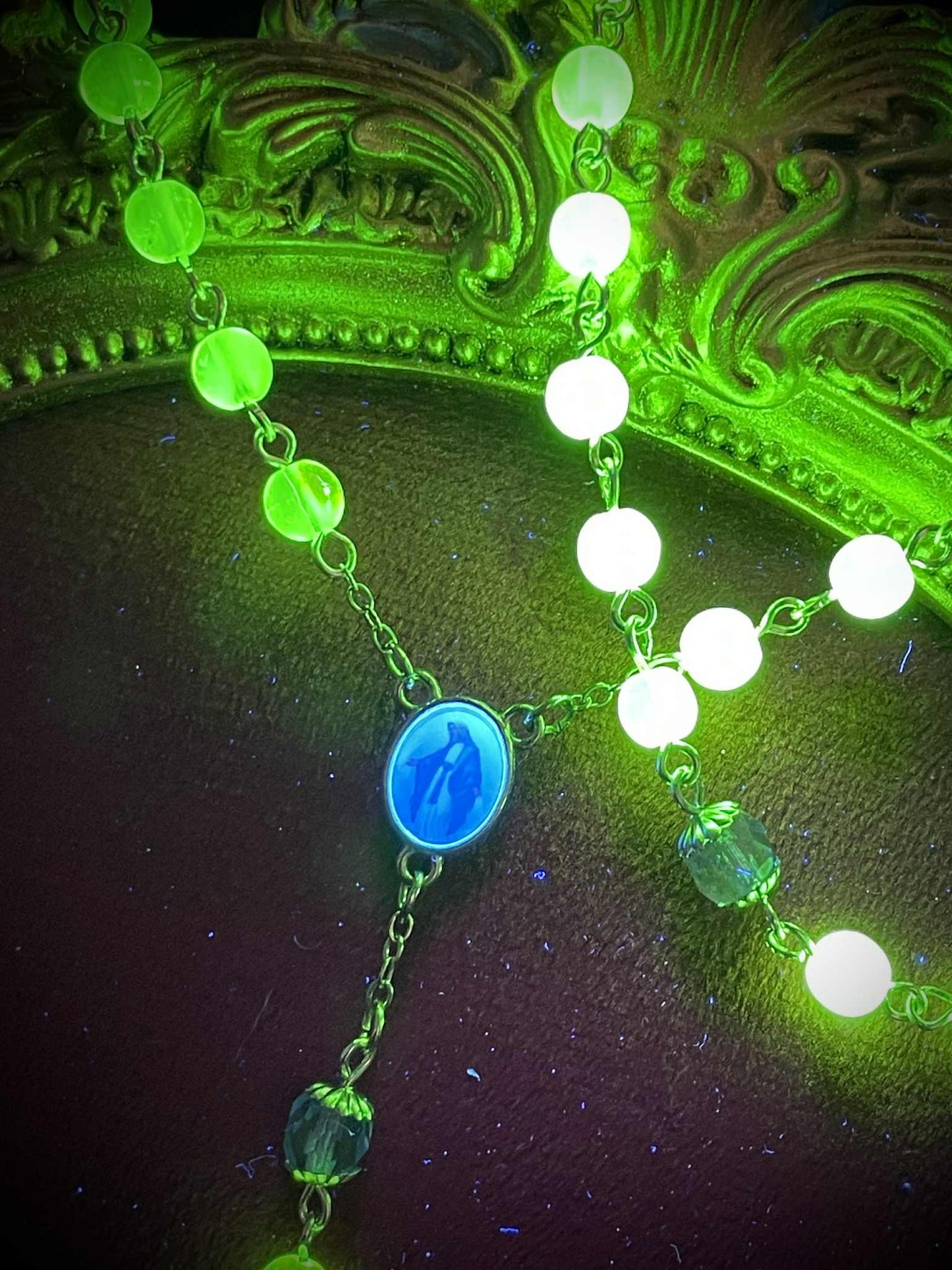 Silver-Blue (Uranium Glass) Rosary | Catholic Necklace From Yellow Vaseline Glass | Glowing Under UV Light | With Centerpiece of Saint Mary