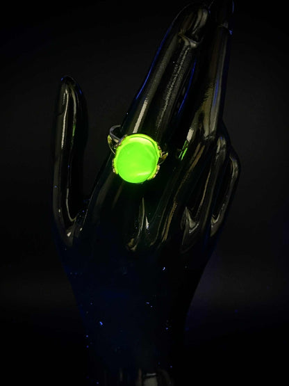Uranium Glass Gold Ring (Adjustable Size) | Yellow Vaseline Oval Gemstone Jewelry | Glows Green Under UV Light | Magic Luminous Stone