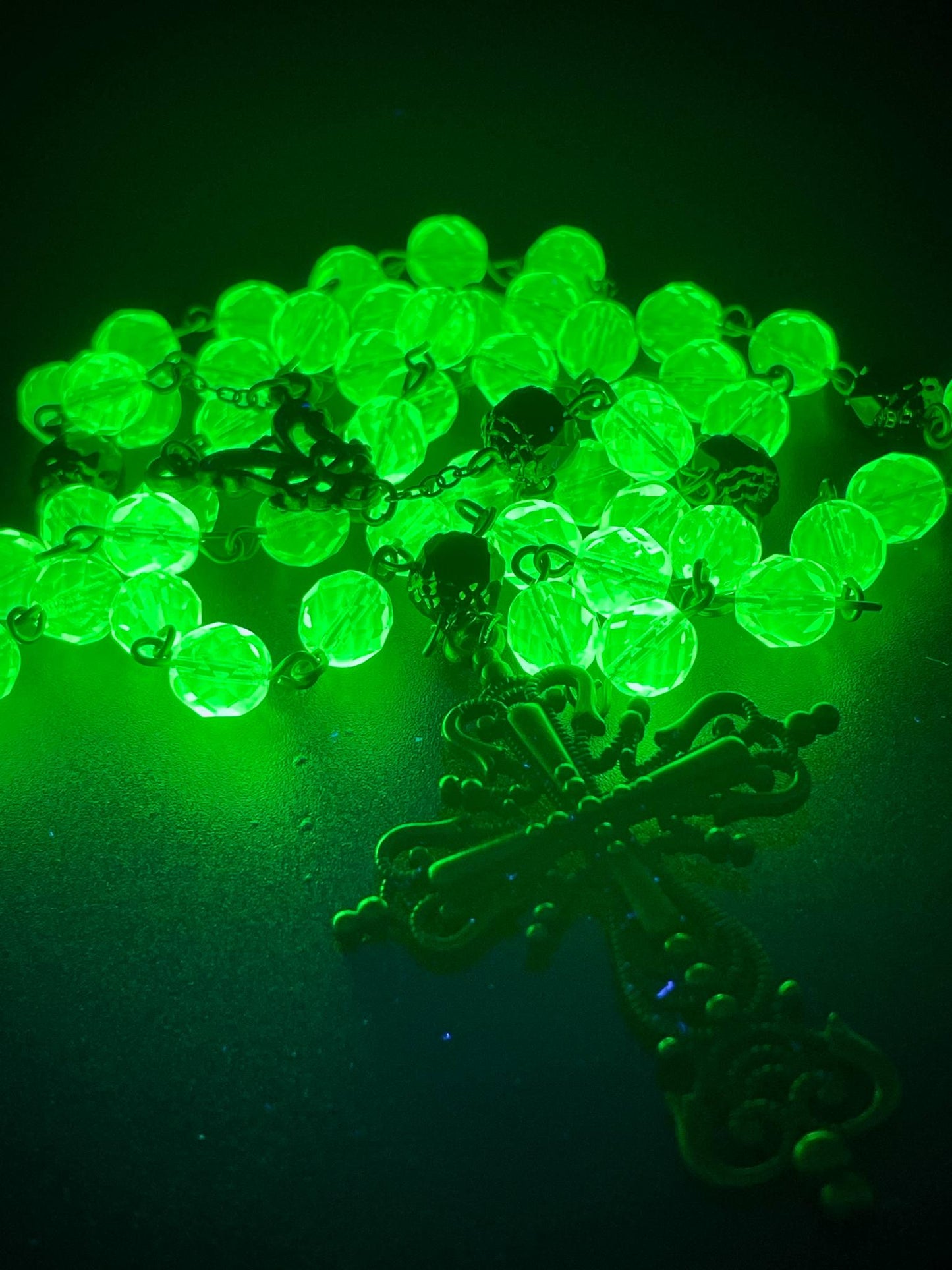 Uranium Glass Gothic Rosary | Dark Religious Green Vaseline Necklace | It Glows Under UV Light | Catholic Crucifix Pendant Made of 59 Beads