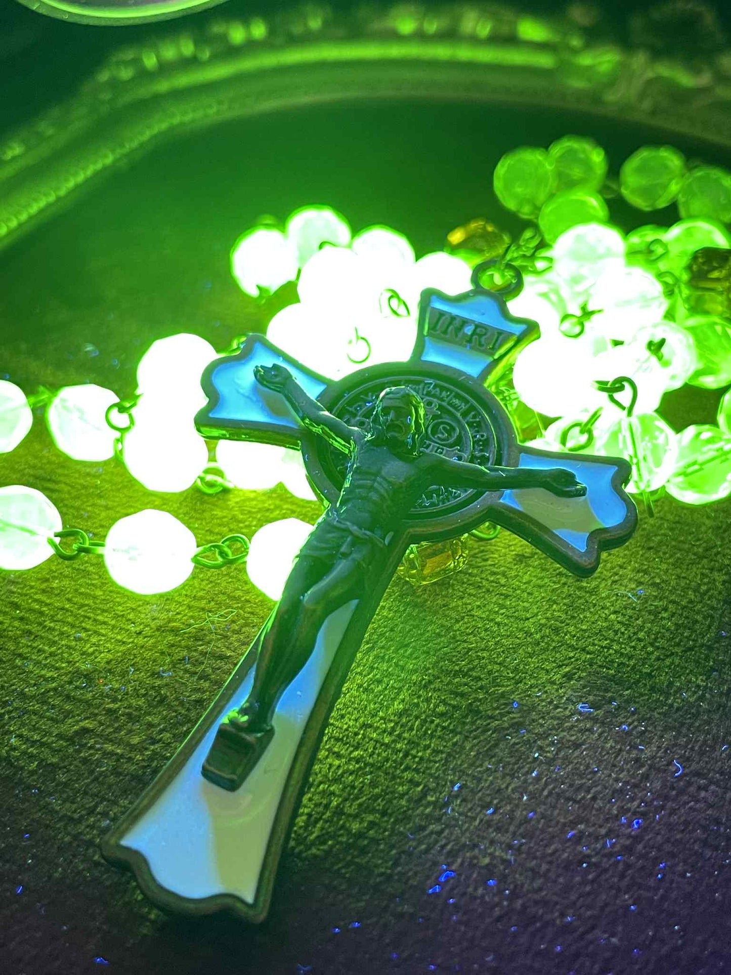 Bronze (Uranium Glass) Rosary | Fire-polished Honey Colored Beads With Bronze Flower Medal & Crucifix | Glows Under UV | Believer Jewelry