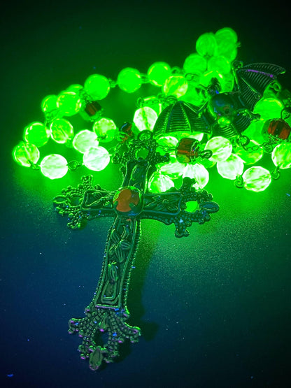 Vampire Rosary from (Uranium Glass) | Gothic Crimson Blood Necklace | It Glows Under UV Light | The Halloween Cross in Yellow Vaseline Glass