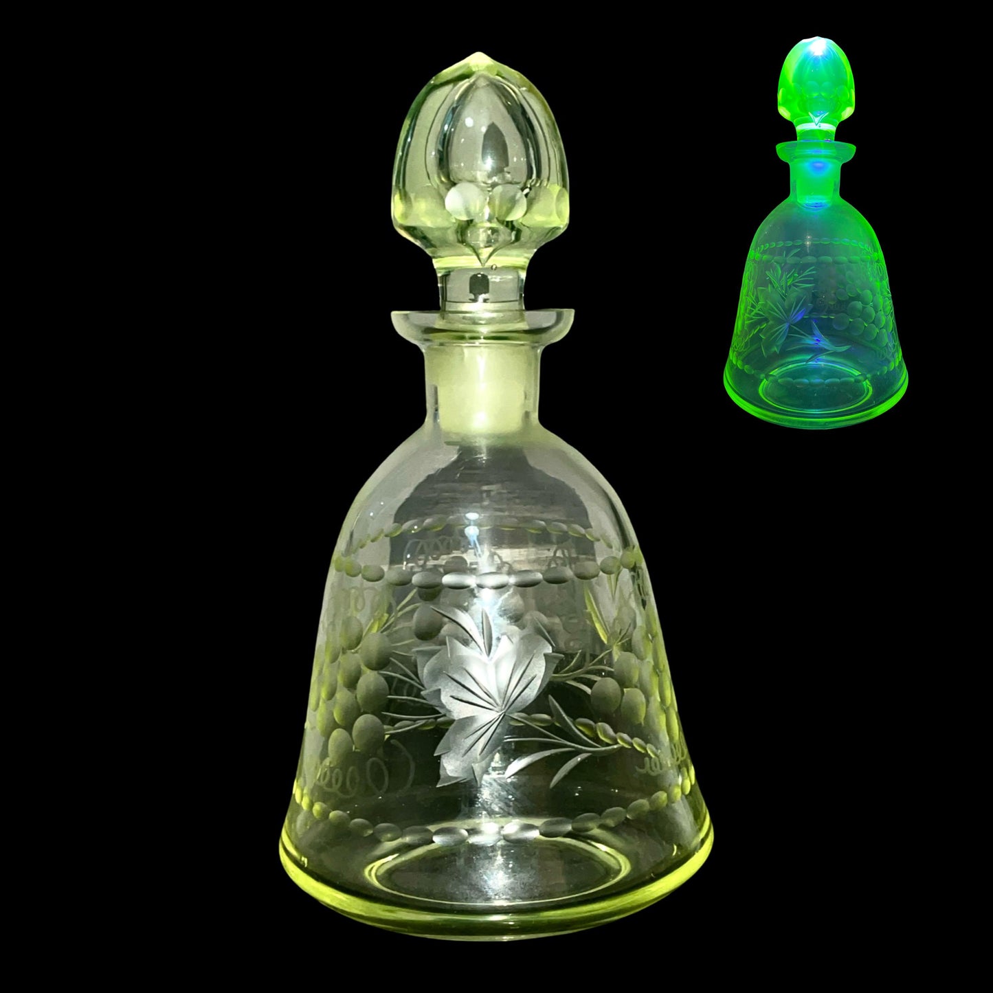 Uranium Glass Wine Decanter/Carafe | Vaseline Glass Bottle with Etched Grapes & Leaves | Glows Under UV Light | Bohemian 1930s Art Deco