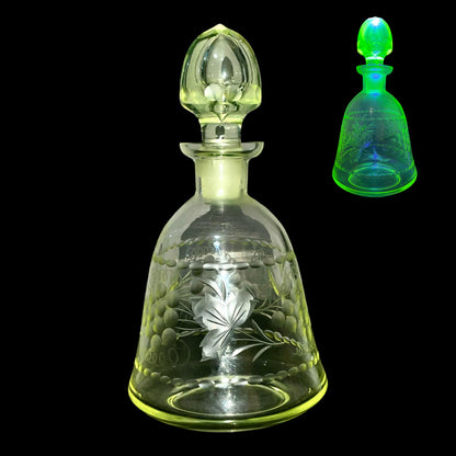 Uranium Glass Wine Decanter/Carafe | Vaseline Glass Bottle with Etched Grapes & Leaves | Glows Under UV Light | Bohemian 1930s Art Deco