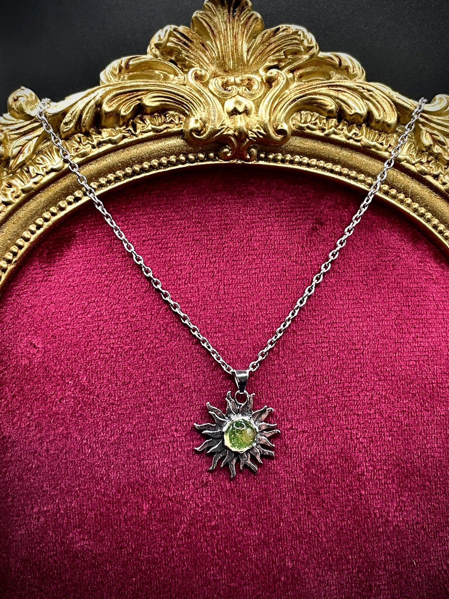 Sun Pendant from Uranium Glass | Mysterious Astrology Amulet | Glows Under UV Light | Yellow Vaseline Necklace | Dark Gothic Zodiac Jewelry