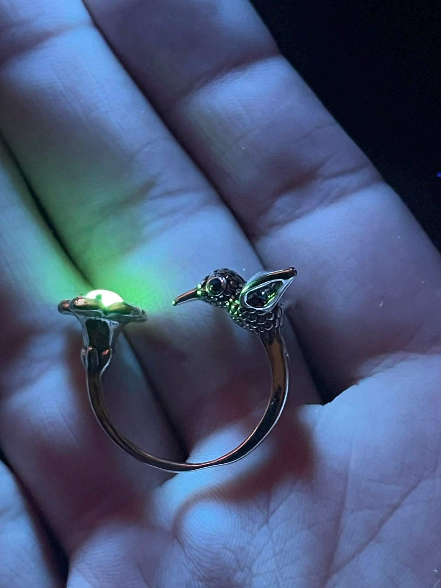 Uranium Glass (Hummingbird ) Ring With a Tiny Flower  | Adjustable Size | Glows Under UV Light | Handcrafted Vaseline Glass Jewelry