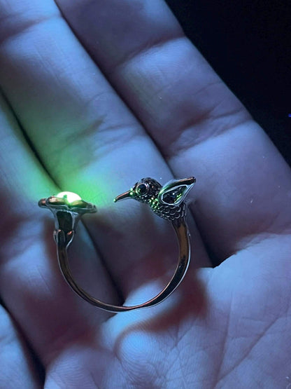 Uranium Glass (Hummingbird ) Ring With a Tiny Flower  | Adjustable Size | Glows Under UV Light | Handcrafted Vaseline Glass Jewelry