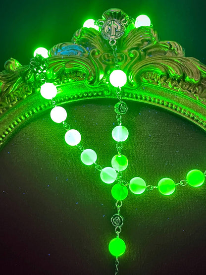 Crucifix Rosary from Uranium Glass | Gothic Floral Amulet with Lotus & Rose | It Glows Under UV Light | Yellow Vaseline Necklace Jewelry