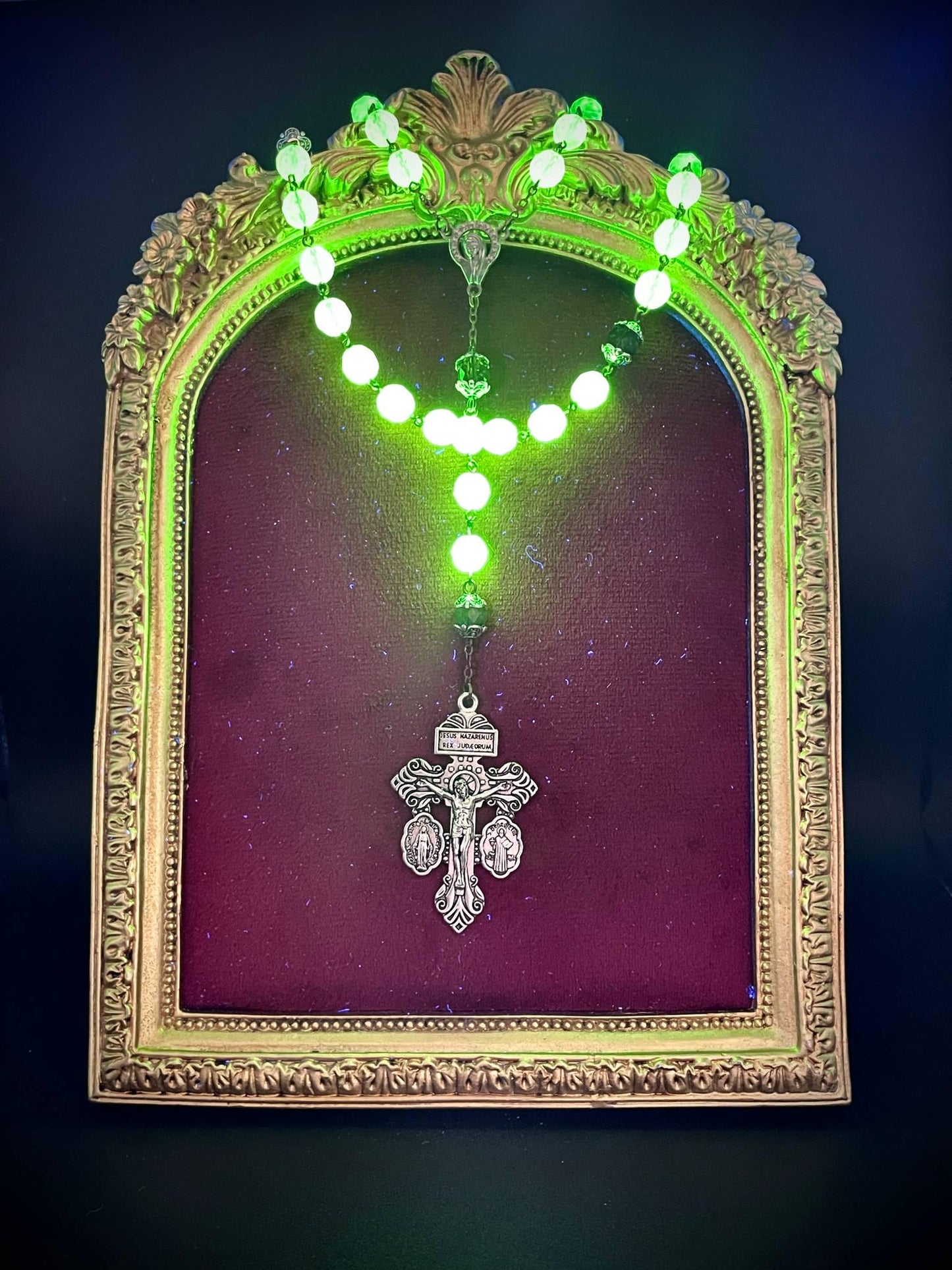 Uranium Glass Rosary with Jesus, Virgin Mary & St. Benedict | Crimson Beads Vaseline Necklace | Glowing Catholic Cross Made of 59 Beads