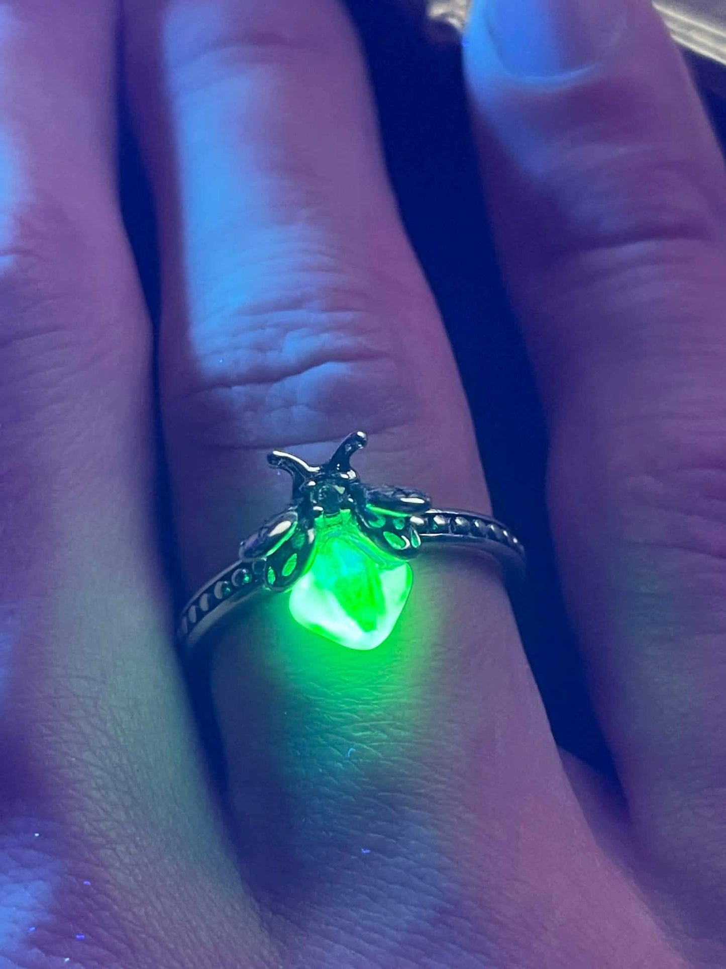 Uranium Glass (Firefly) Ring | Yellow Vaseline Bug Jewelry | It Glows Neon Green Under UV Light | Metallic Glow-In-The-Dark Luminous Insect