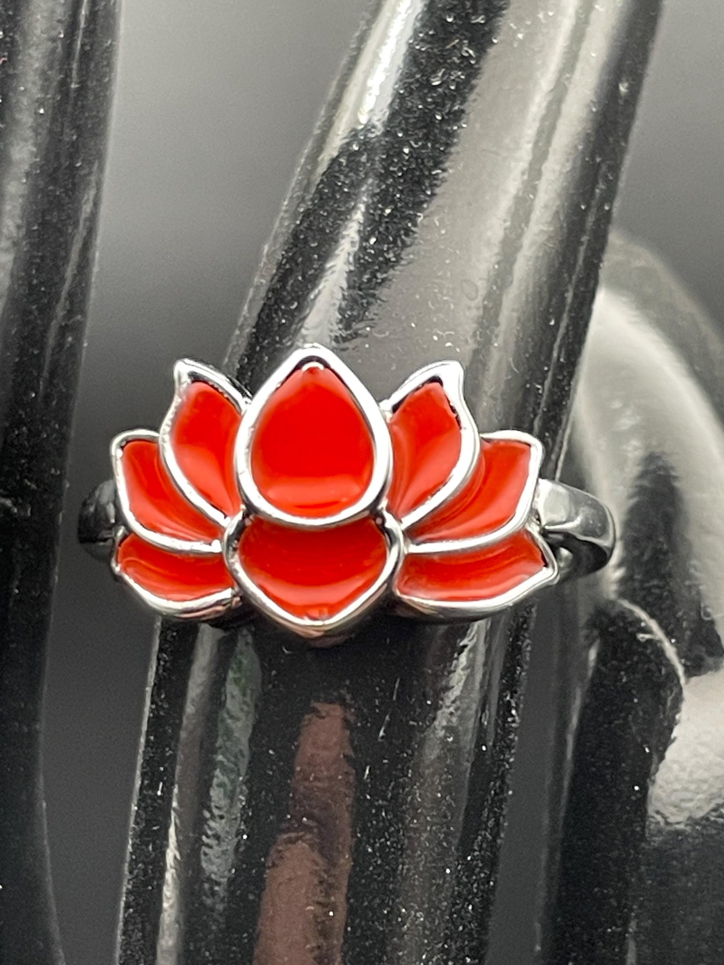 Phosphorescent Orange Fire Ring | Metal Flower Style Frame | Glow In The Dark | Resizable Luminous Jewelry