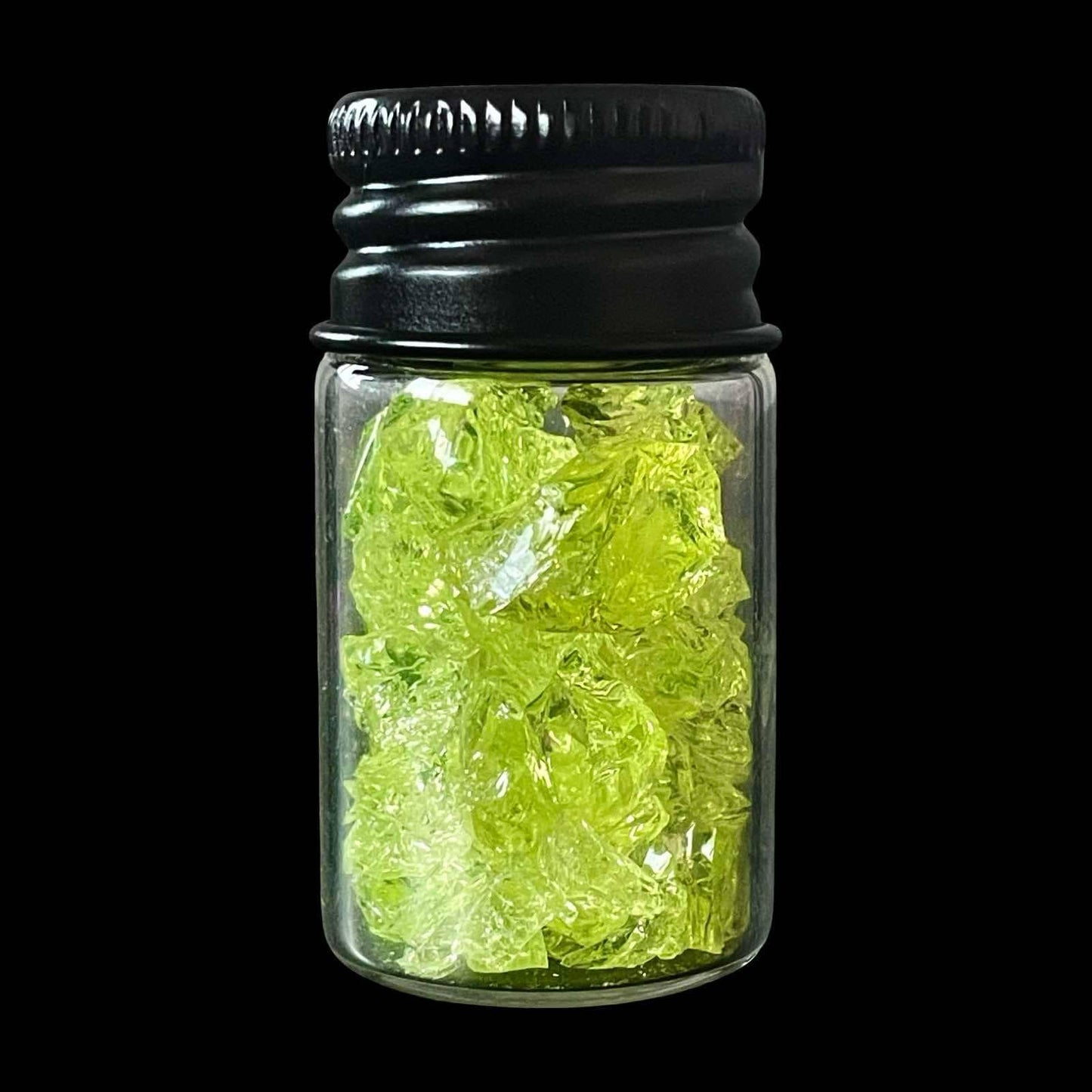 Bottle of Crushed Uranium Glass Shards – Glowing Vaseline Fragments – UV Reactive Vial Sample with Safe Radioactive Material for DIY Crafts