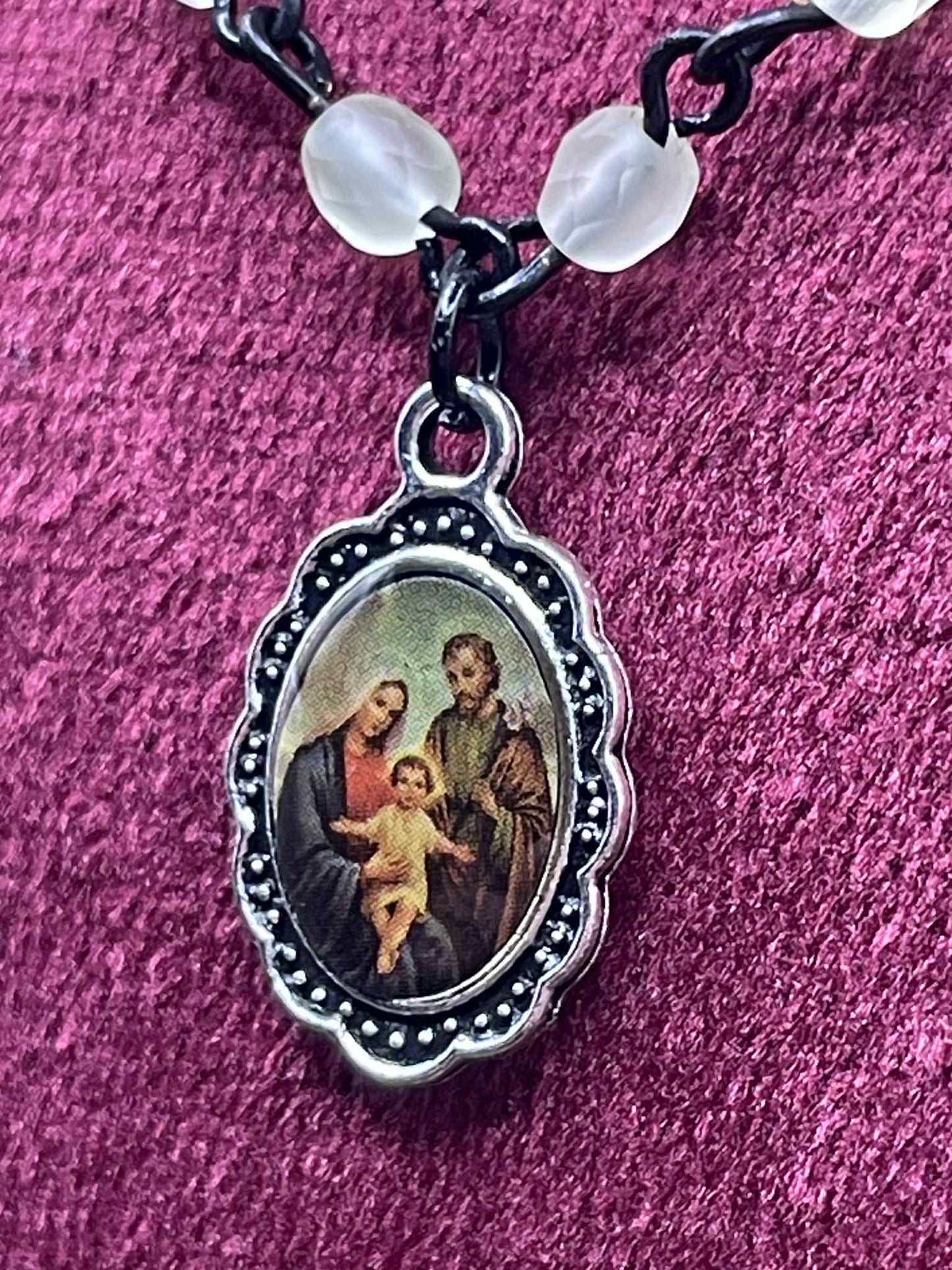 Holy Family Pendant | Uranium Glass | Saint Black Necklace With UG Beads