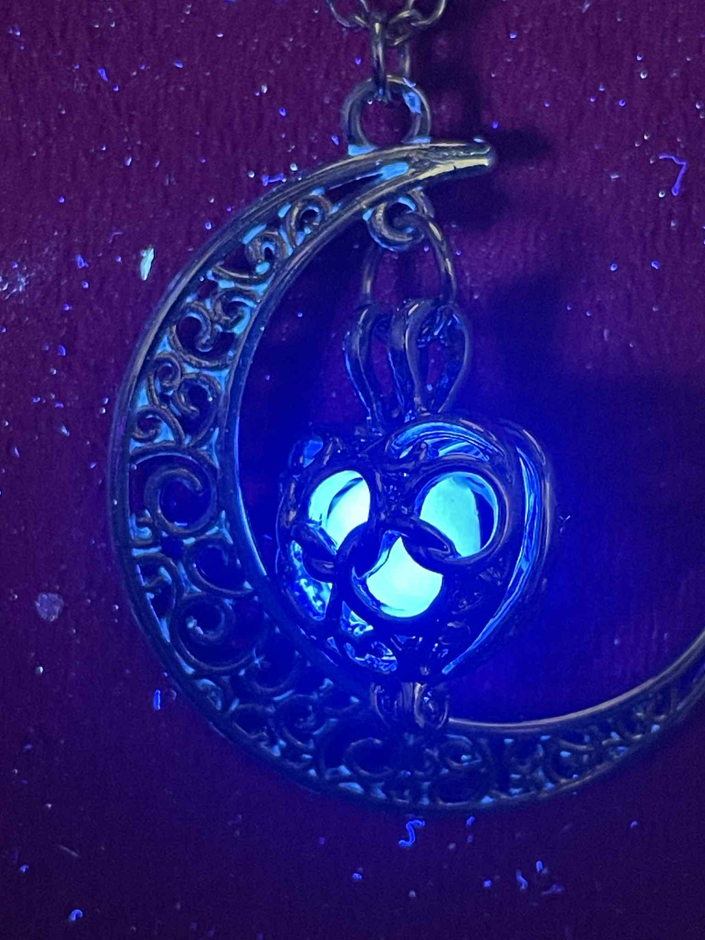 Glowing Heart-Shaped Silver Locket with Silver Half-Moon | Glows Bright Purple In The Dark | Metal Chain Spiritual Jewelry