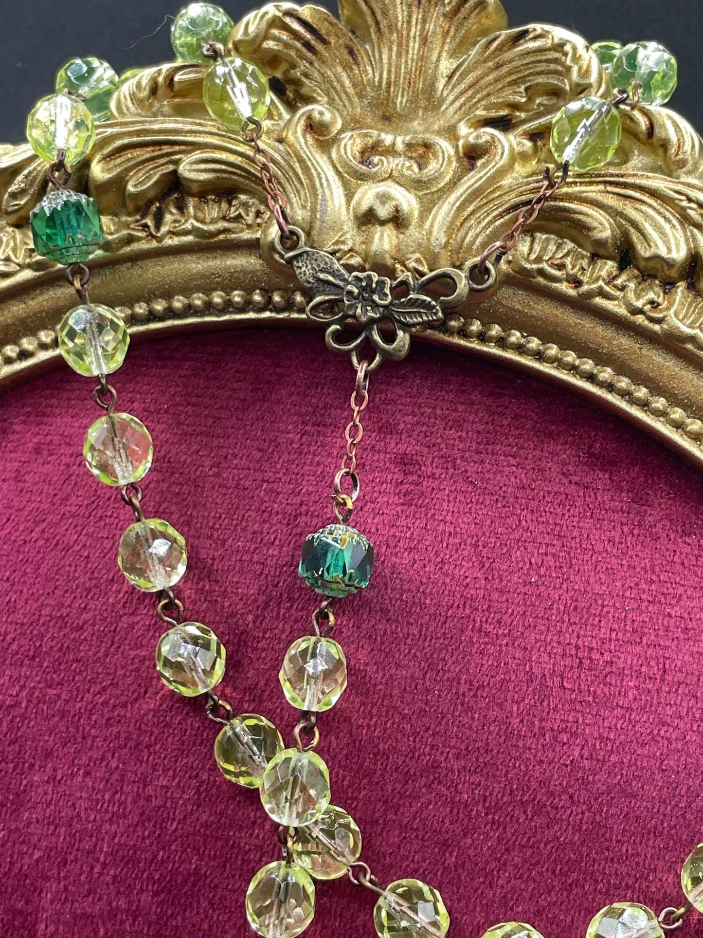 Jesus Rosary Made Of (Uranium Glass) | Green Fire-Polished Beads | Vaseline Bronze Necklace with Green-Black Crucifix | Glows Under UV Light