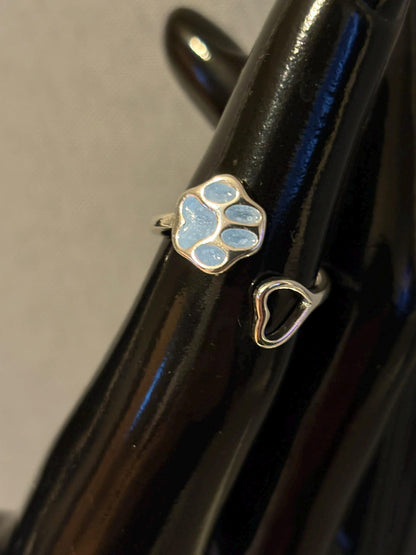 Glowing Turquoise Cat/Dog Paw Ring | Glows In The Dark | Metallic Frame With Little Heart | Adjustable Resizable Luminous Pet Lover Jewelry