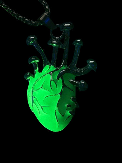 Glowing Heart Necklace | Fluorescent Human Anatomy Pendant | Glows In The Dark | Green Phosphorescent | Luminous Frankenstein Jewelry