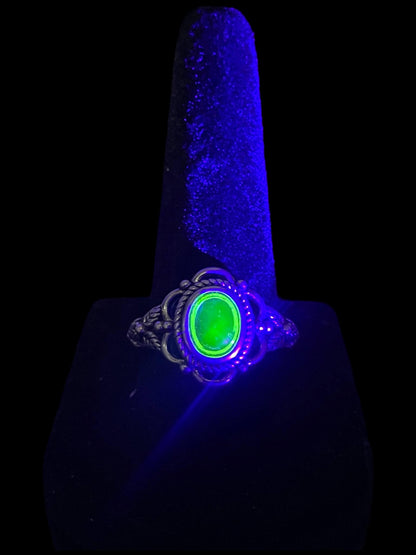 Vaseline Yellow Cabochon Ring Size 7,8 | Handmade Uranium Glass Oval Jewelry | Glows Under UV Light | Radioactive Art Deco Style