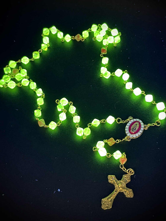 Uranium Glass (Salmon Color) Rosary | Octahedron Religious Necklace of Green Vaseline | It Glows Under UV Light | 59 Beads Gold Crucifix