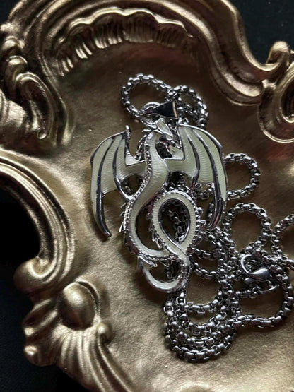 Glowing Dragon Necklace | Fluorescent Wyvern Pendant | Glows In The Dark | Green Phosphorescent Halloween Luminous Jewelry With Chain